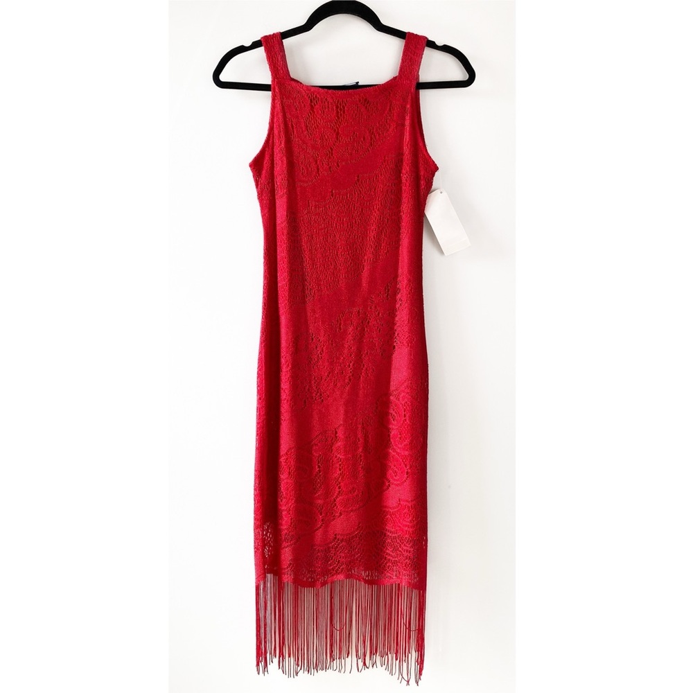 Deadstock 90s Crochet Lace Fringe Cherry Red Dress S Valentine’s Day Swiftie - Picture 1 of 10